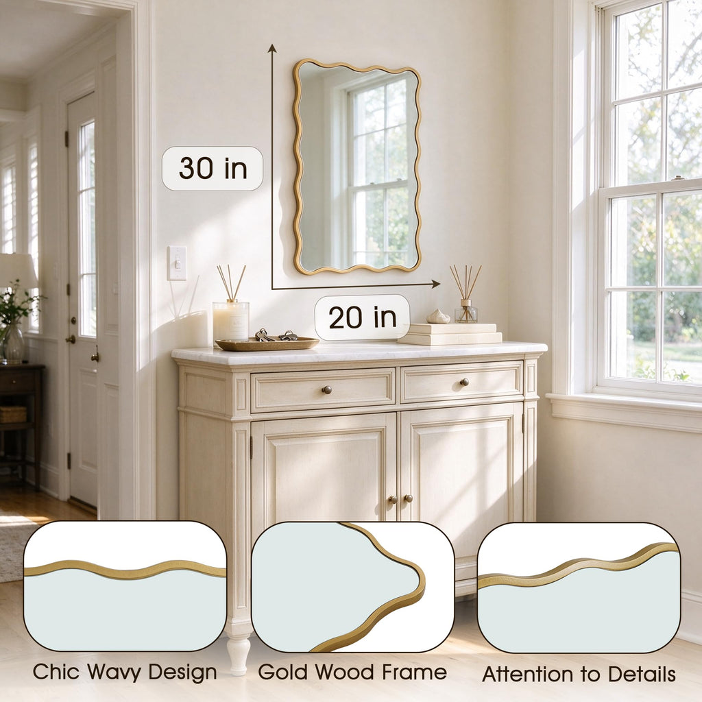 Gold Wavy Bathroom 20x30 Rectangle Scalloped Farmhouse Wall Mirror