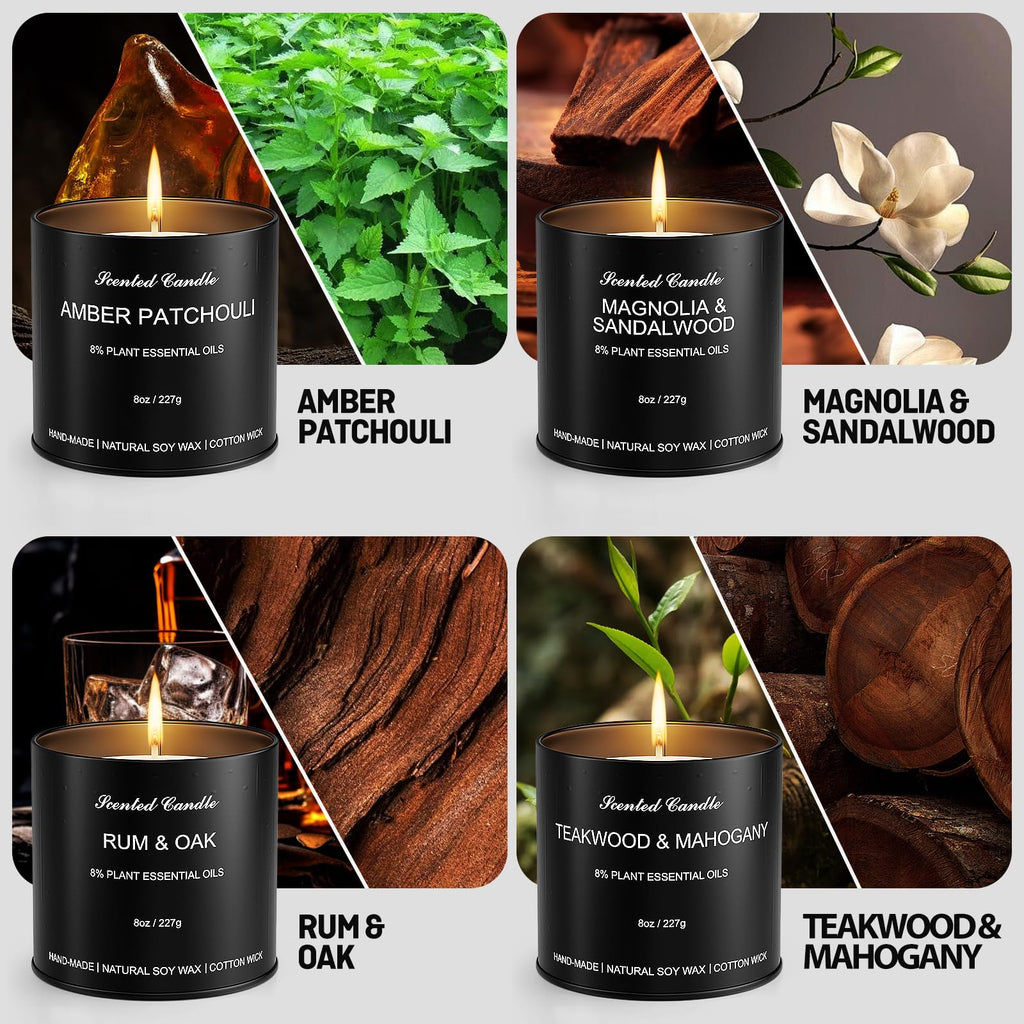 Scented Candles for Men Set-4 Pack Luxury Soy Wax Candles, 8oz Large Strong Scented Candles, Masculine Essential Oil