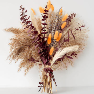 Fall Dried Flower Bouquet with Pampas Grass, Orange Bunny Tails, Lavender & Red Eucalyptus -Boho Fall Decor, Vase