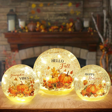 Fall Table Decor Sparkling Crackle Glass Ball with LED Lights Timer Pumpkin Gnomes for Thanksgiving Decor - Set of 3
