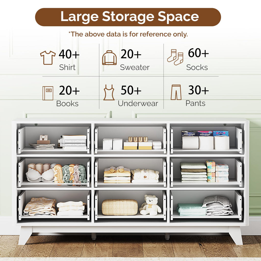 9 Drawer Dresser White Fluted Dresser with Rounded Edges, 57" Long Wood Dressers White and Gold, 57" W*15.75"