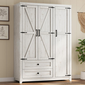 Farmhouse 3 Door Wardrobe Closet with 2 Drawers & Hanging Rod