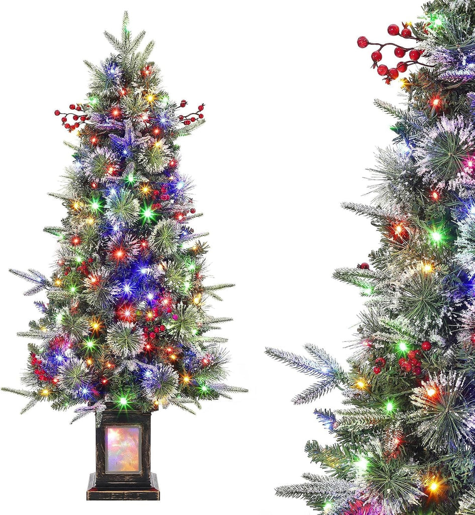 3ft Mini Pre-Lit Christmas Tree, Artificial Tabletop Snow Flocked Christmas Trees, Small Potted Xmas Tree with 78 LED