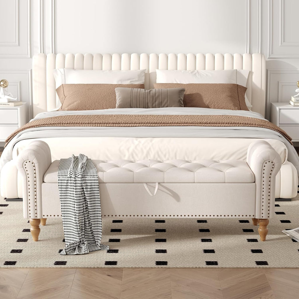 63" End of Bed Bench, Bedroom Bench with Button-Tufted, Large Upholstered Storage Ottoman Benches Entryway Bench with