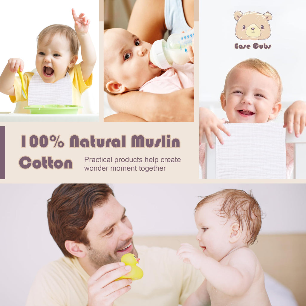 Muslin Burp Cloths Large 100% Cotton Hand Washcloths for Boys & Girls, Baby Essentials Extra Absorbent and Soft