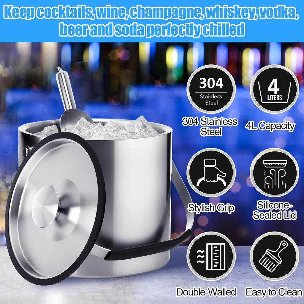 4 L Double Wall Insulated Ice Bucket with Lid, Scoop, Strainer, Handle Large Stainless Steel Wine Ice Bucket Upgraded