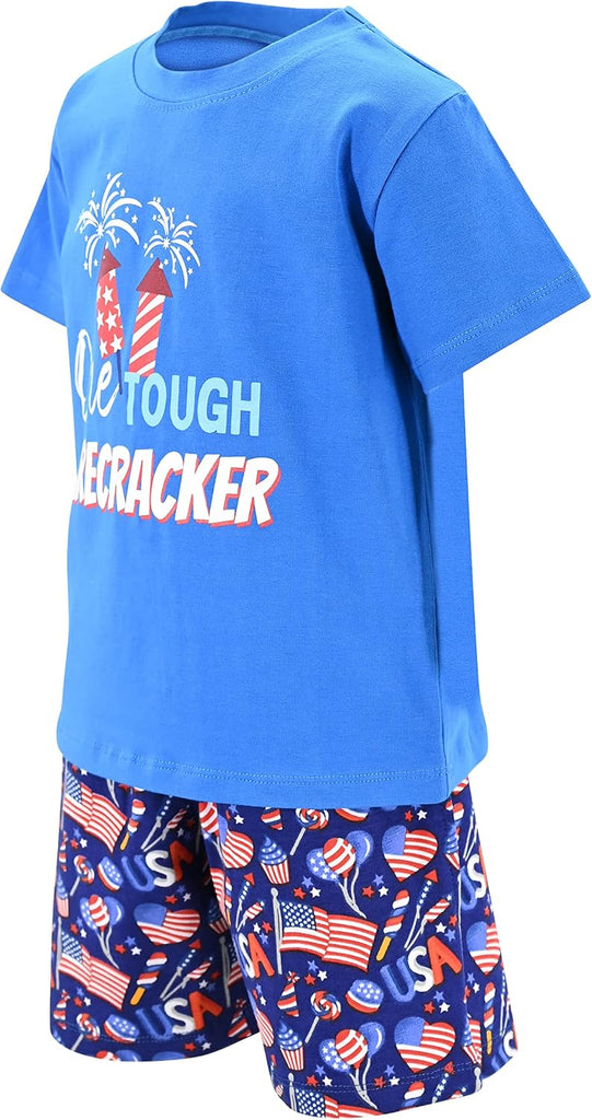 Boys 2pc Shorts Set Outfit Short Sleeve Shirt with Fun Applique Print and Shorts