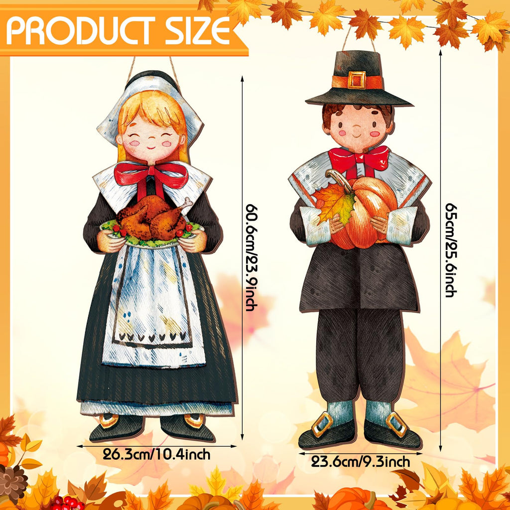 2 Pcs Fall Thanksgiving Pilgrim Boy and Girl Hanging Sign