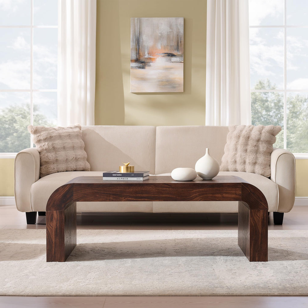 48" Modern Curved Coffee Table, Wood Minimalist Center Table, Brown