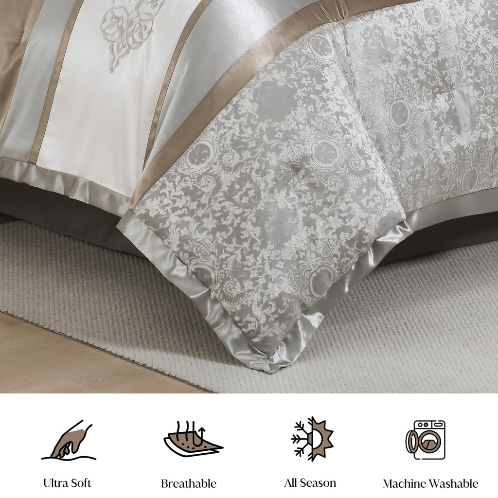 Silver Queen Comforter Set, Jacquard Bed in a Bag, Gray White Gold