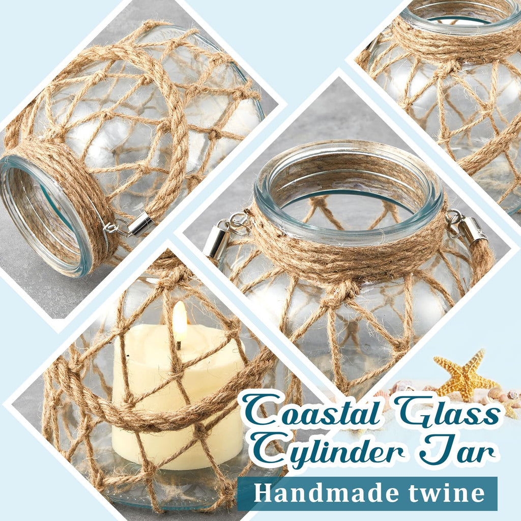 2 Set Nautical Lanterns Rope Handle, Coastal Glass Jar, Clear