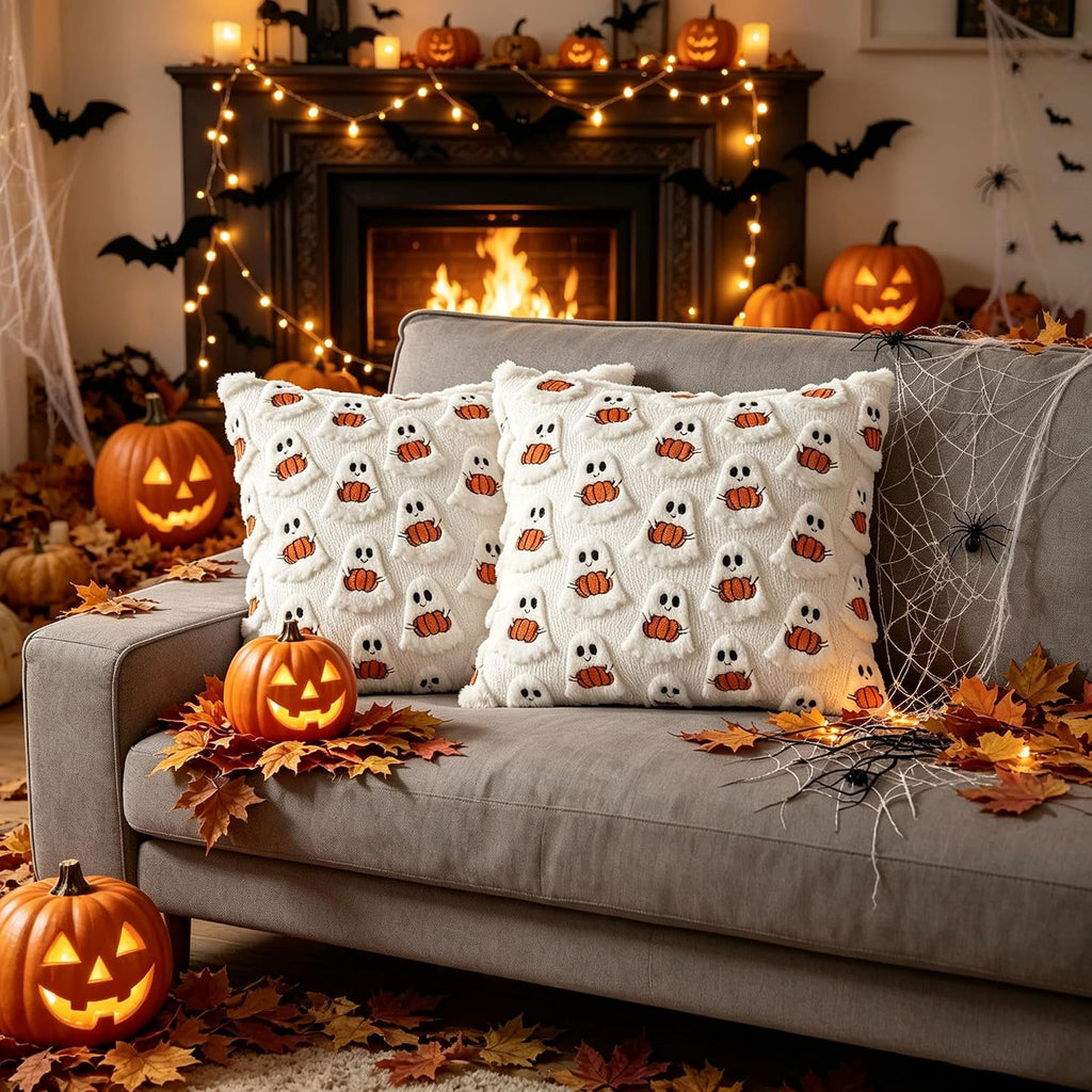 Halloween Ghost Pillow Covers-18x18, Cream Plush Fluffy Washable - Set of 2