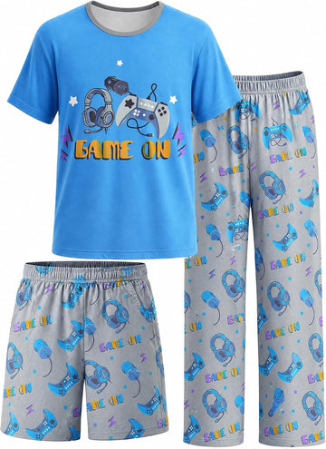 Boys Pajamas Piece Pjs Set Top with Shorts and Pants Sleepwear for Kids Soft Jammies Loungewear