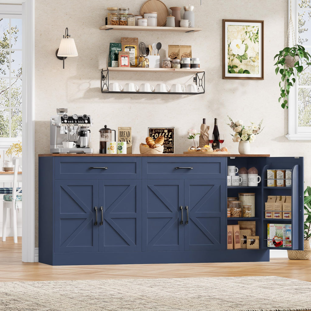 71" Large Sideboard Buffet Cabinet, Farmhouse Coffee Bar Cabinet (Blue)