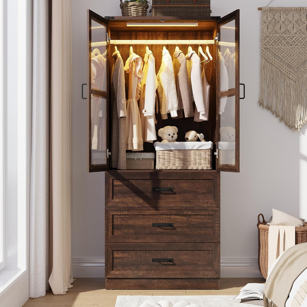 75" Tall Farmhouse 2 Doors Armoire Wardrobe Closet with 3 Drawers and LED,Freestanding Closet Wardrobe Cabinet with