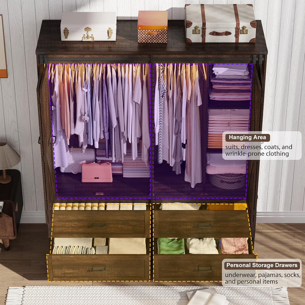 Farmhouse 4 Doors Armoire Wardrobe Closet w/Folding Sliding Barn Door and Lights, LED Armoire Closet w/Drawers