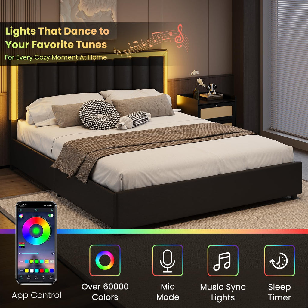 Queen Size Bed Frame with Headboard and 4 Storage Drawers, Faux Leather Upholstered Platform Bed with LED Lights