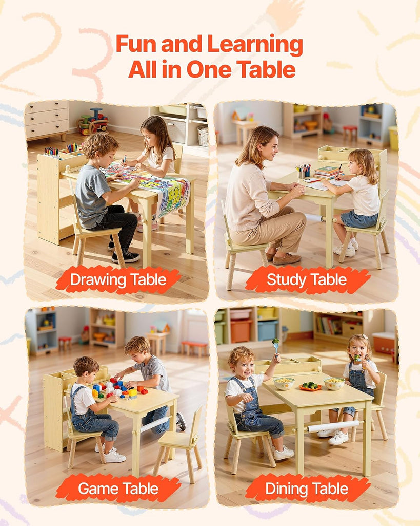 Kids Art Table and Chair Set, Toddler Activity Table with Storage, Wood Kids Craft Desk with Paper Roll for Drawing