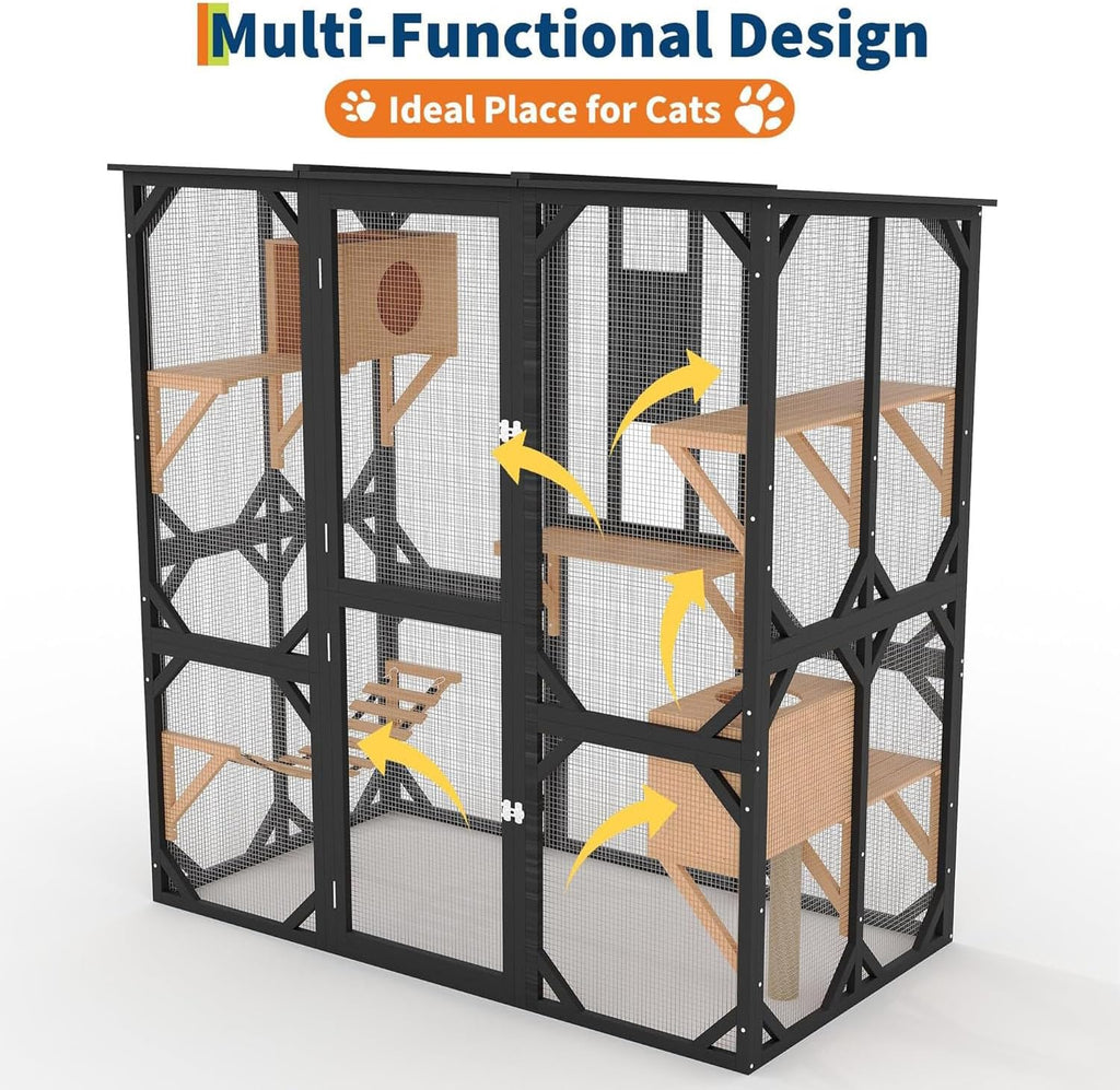 Large Walk-in Wooden Catio for 2-4 Cats - Outdoor Enclosure with Waterproof Roof & Sisal Mark-resistanting Post