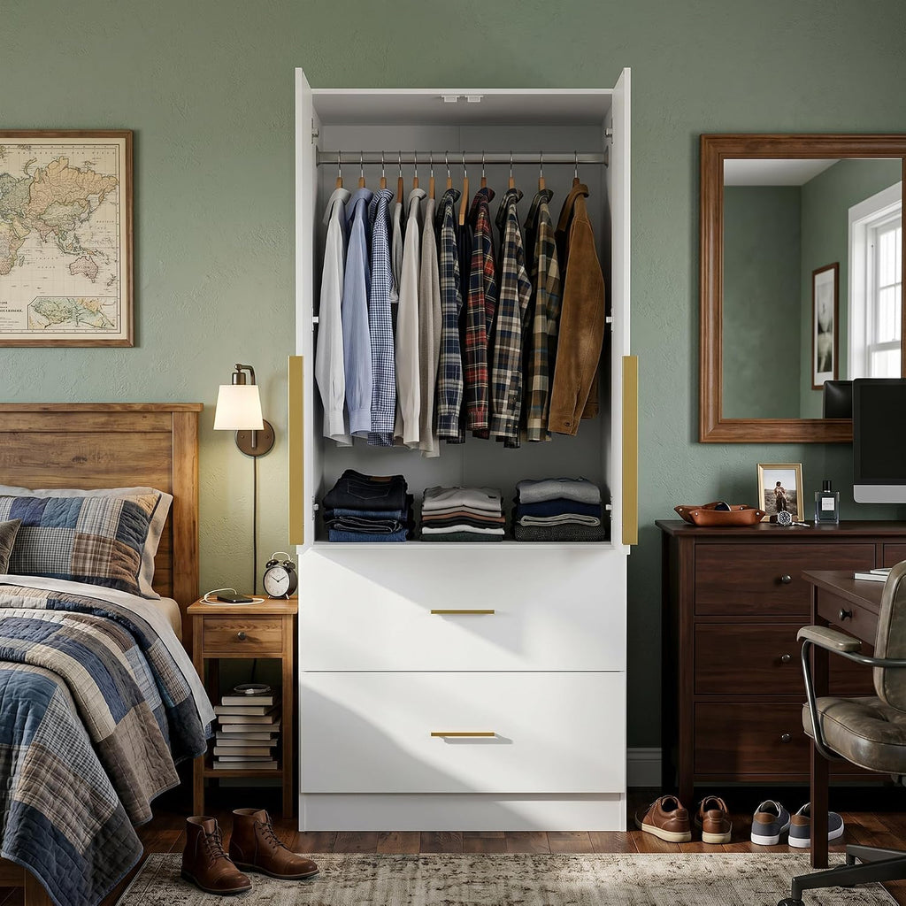 29.5" W Wardrobe Armoire with Mirror, Fluted Door & LED Light, Wooden Closet Storage Cabinet with Hanging Rod, 2