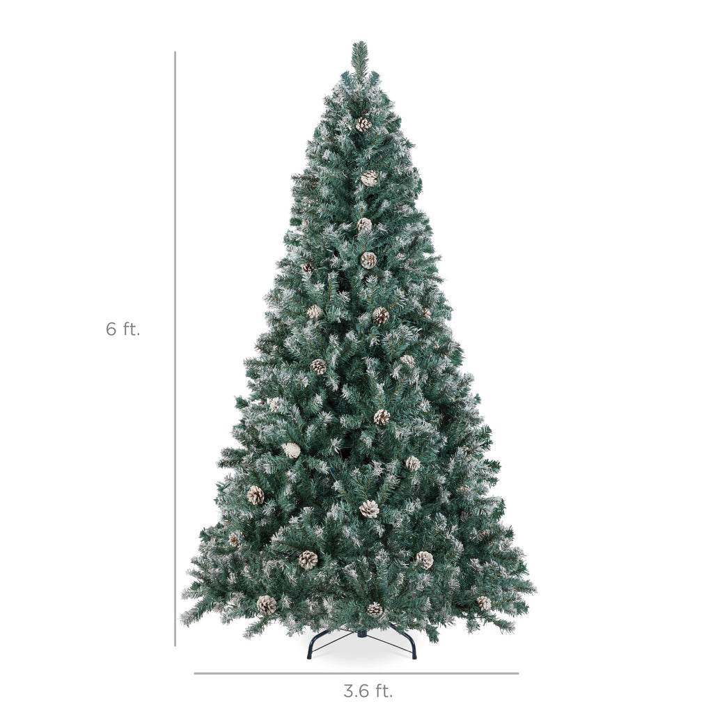 6ft Pre-Decorated Holiday Christmas Tree, Party w/1, 000 Tips, Partially Flocked, Pinecones, Base - Blue Spruce