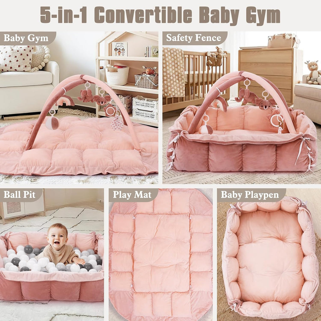In-1 Plush Baby Play Gym, Baby Play Mats, Convertible Baby Gym, Tummy time mat, 6 Sensory Toys, Activity Center