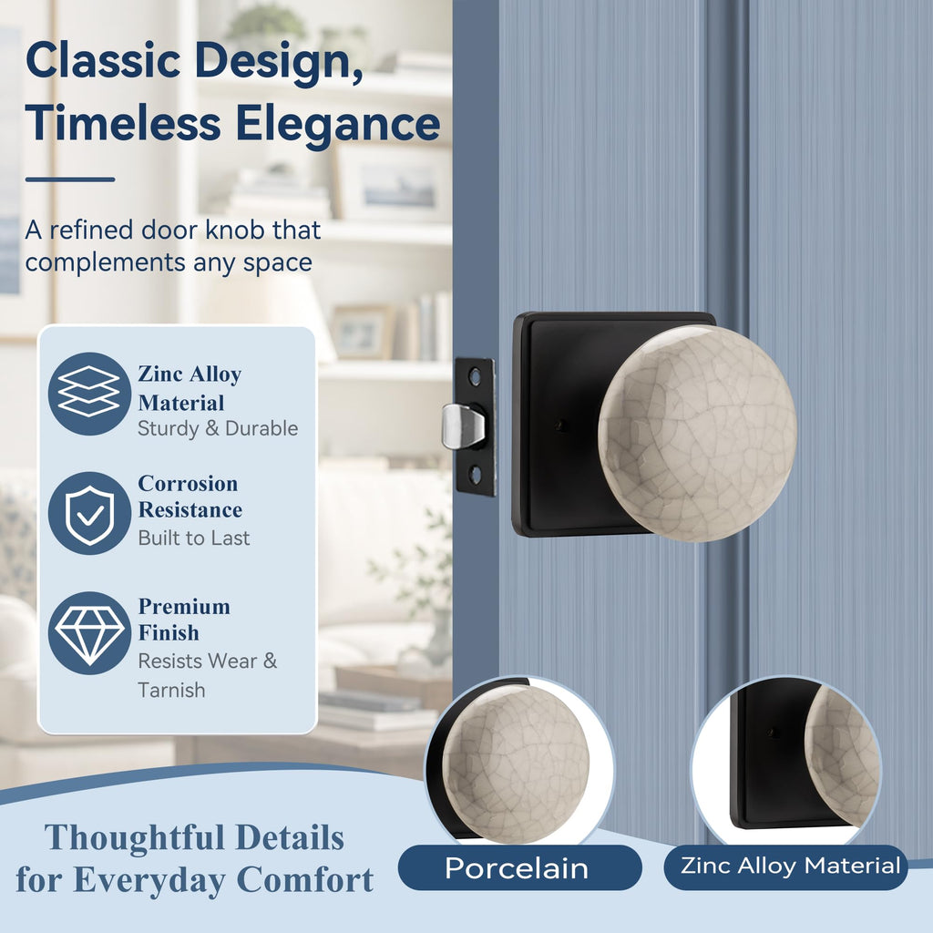 NCL Crack Door Knobs, Porcelain Square Door Handle with Matt Black Plate