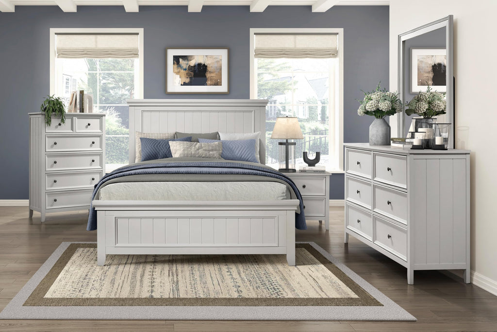 Farmhouse Wood Bed Frame with Shiplap Headboard, White Finish