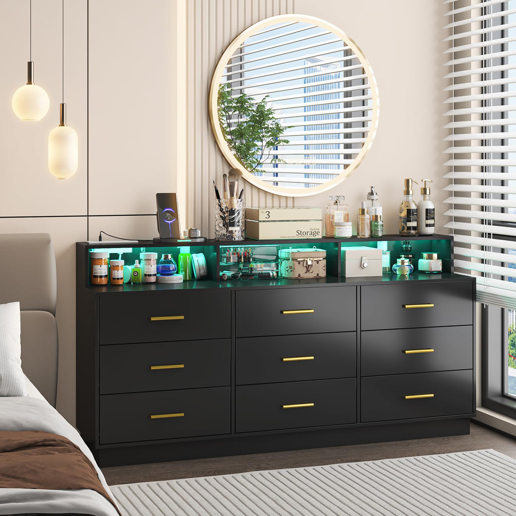 Black 9 Drawer Dressers, Modern Large Dresser with LED Light and Power Outlet, Wooden Long Dresser