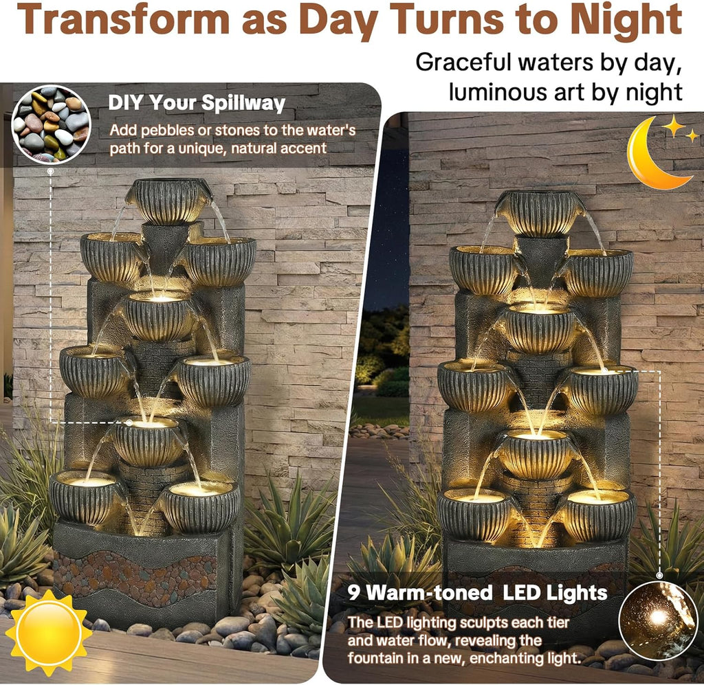 Modern 39.5" Tall Outdoor Water Fountain, Large 10-Tier Cascading Bowls Waterfall Fountain with LED Lights