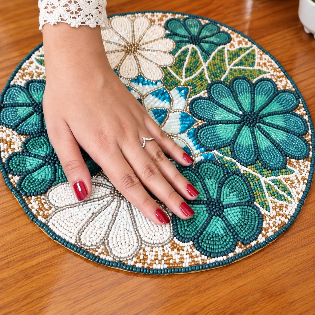 Beaded Placemats 13" Flower, Round Dining Table mat, Teal Multi