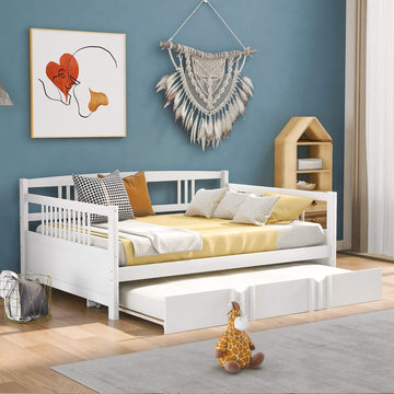 Full Size Daybed with Twin Size Trundle, Solid Wood Corner Day Bed Frame with Headboard and Guest Room, White