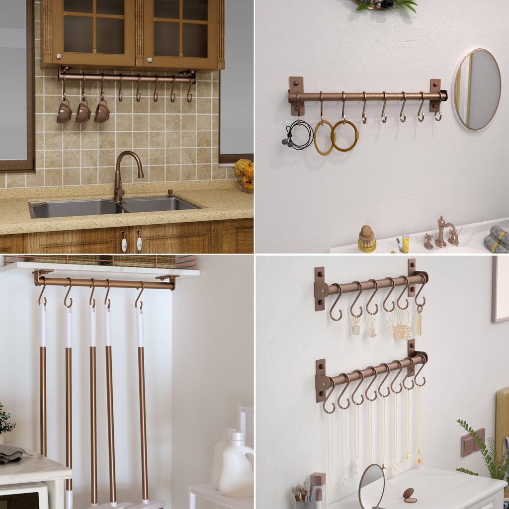 Kitchen Utensil Holder Hanger, Pot and Pan Rack Wall Mounted, Kitchen Rail with 8 Hooks for Hanging Cooking Utensils