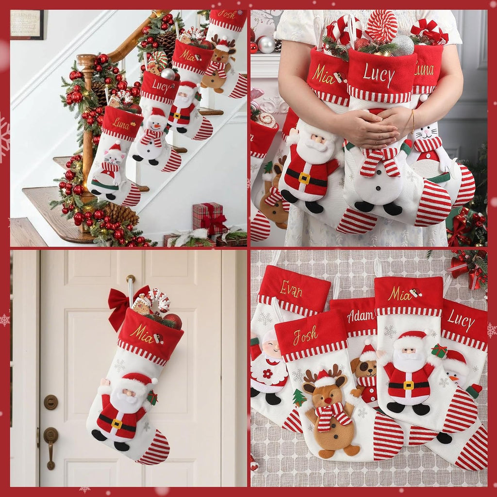 Christmas Family Stockings with Embroidery Names, 3D Xmas Characters Santa,Snowman,Reindeer & Penguin , Fireplace