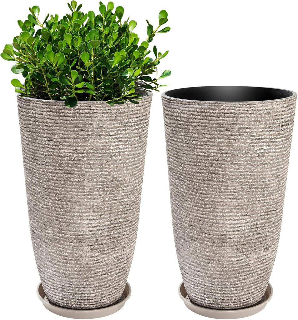 Set of 2 Oversized 9 Gallon Round Planters for Front Door & Patio - 12x21 Inch Tall Outdoor/Indoor Plant Pots with