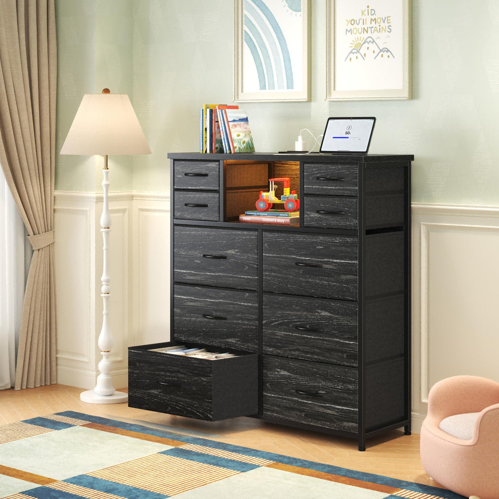 10-Drawer Tall Dresser, LED & Charging Station, Black