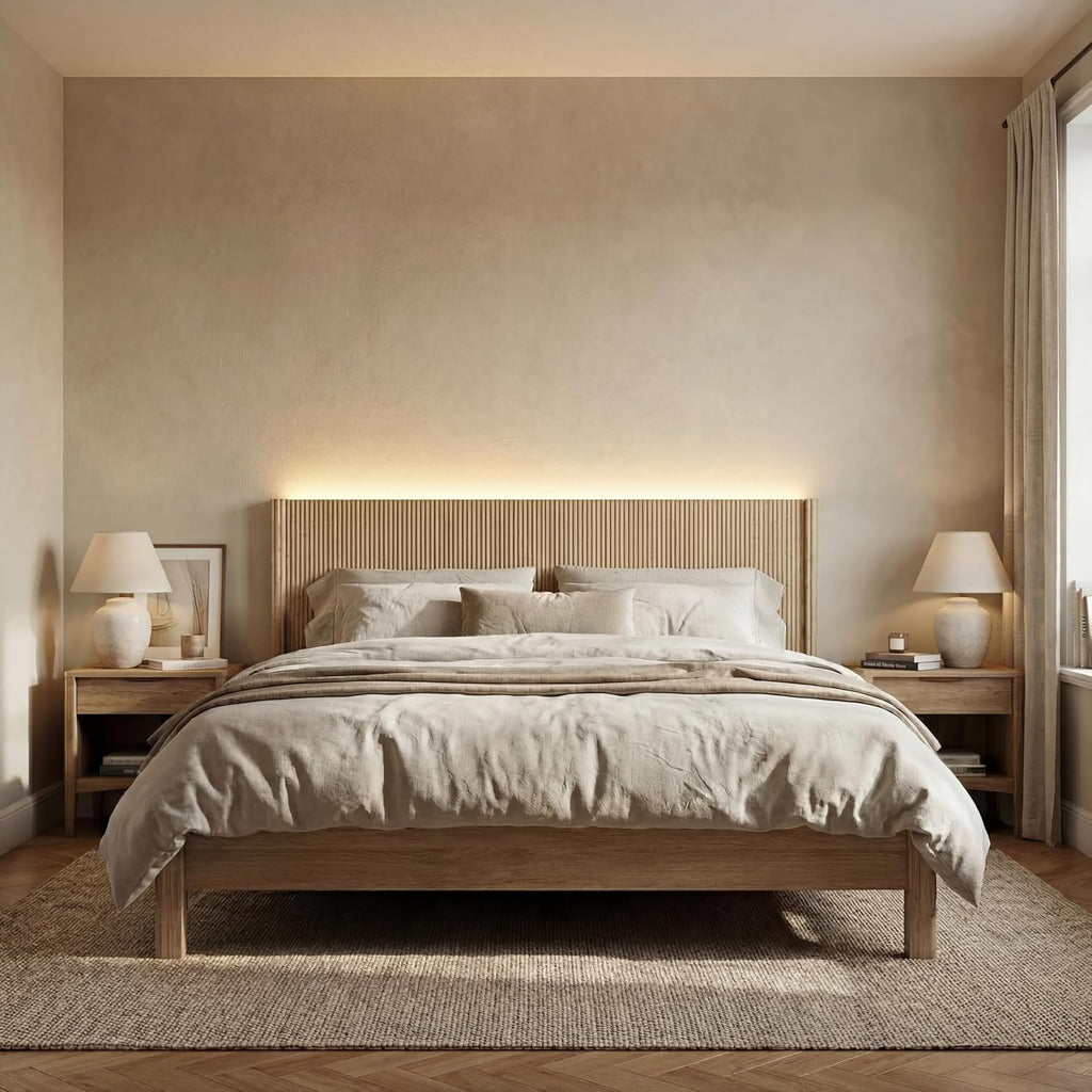 King Headboard Only, Modern Fluted Wall-Mounted Head Board with Lighting, Boho Wood Bed headboard Stylish Bedroom