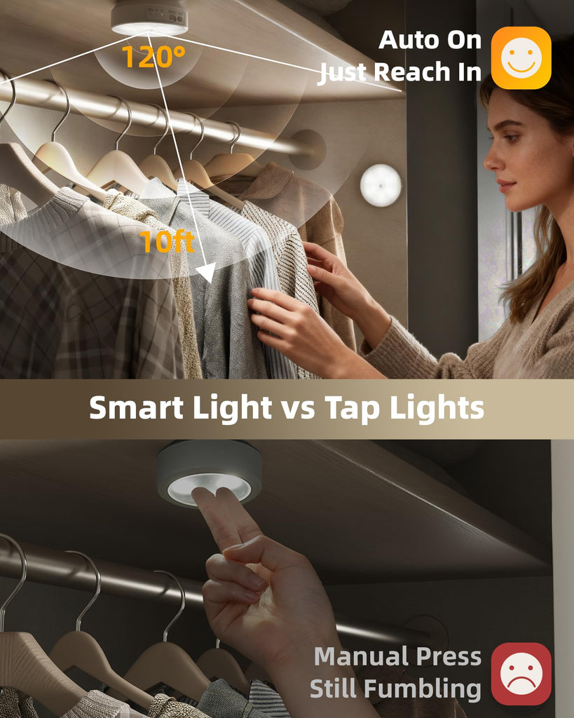 4 Pack Motion Sensor Closet Lights with Charging Station, 1200mAh Rechargeable LED Under Cabinet Lighting, Puck