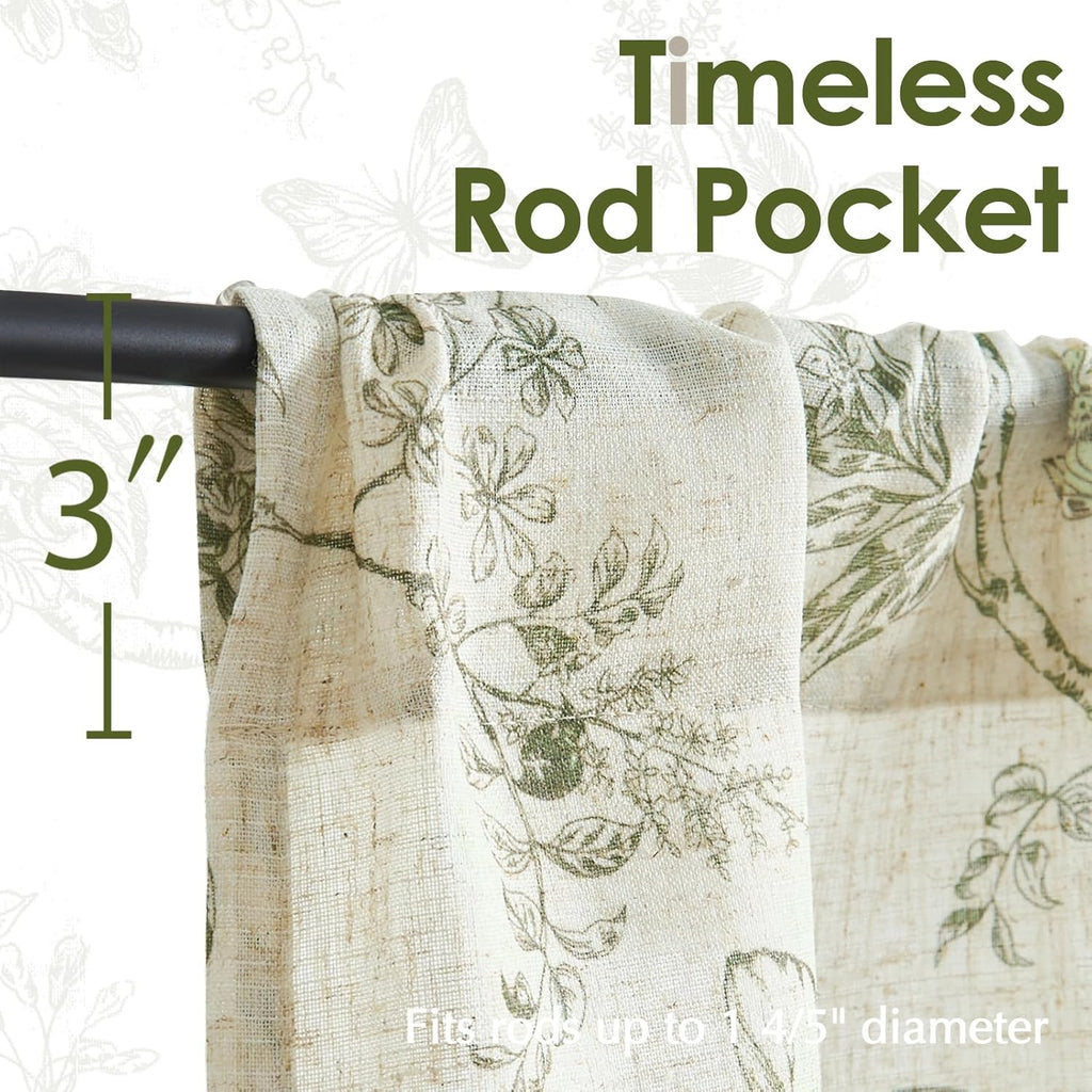 Green Floral Linen Kitchen Curtains 24 Inch Long, Linen Farmhouse Cafe Rustic Country Small Curtains Rod Pocket Tiers