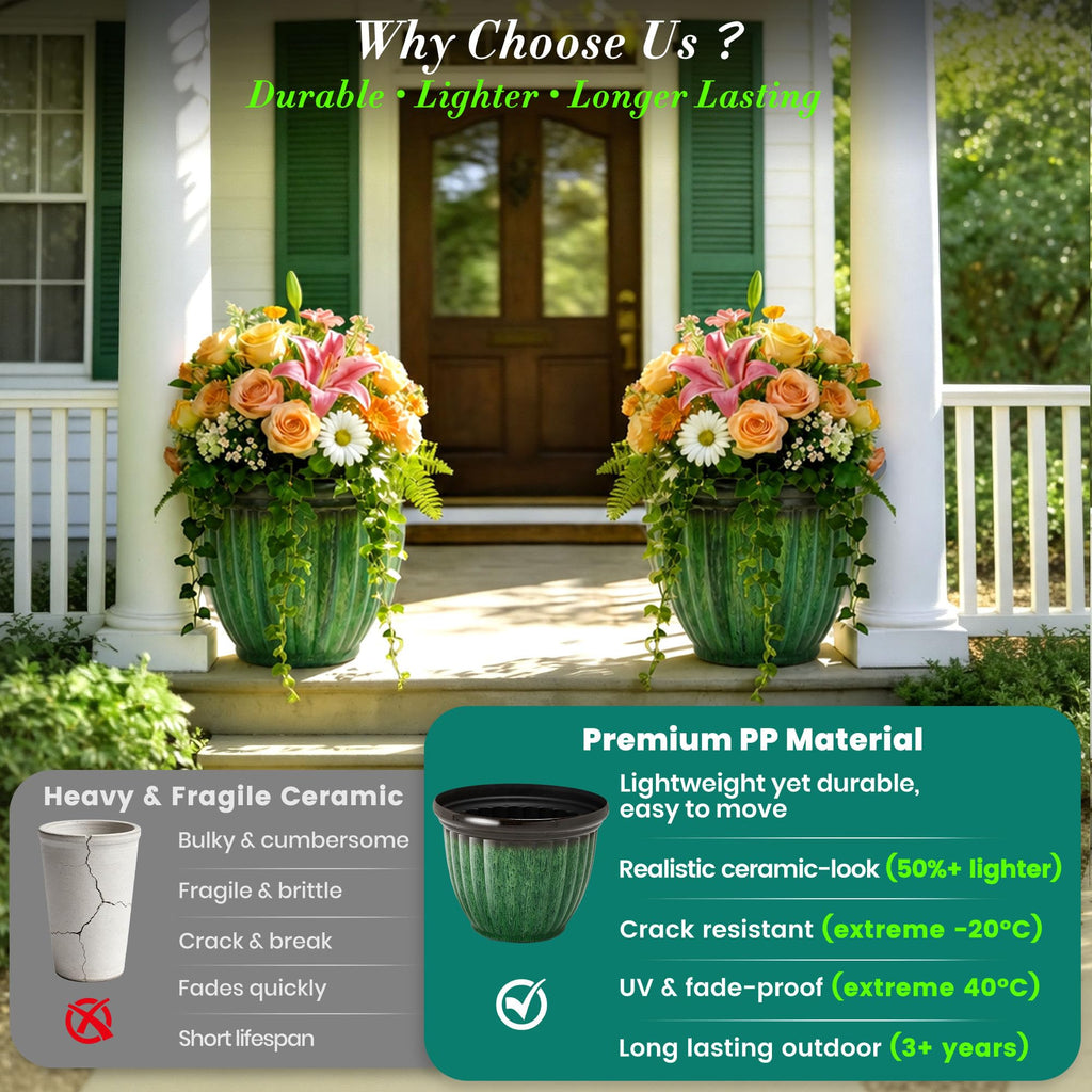Autodaya 15" Large Planters for Outdoor Plants Set of 2 Plastic Flower Pots