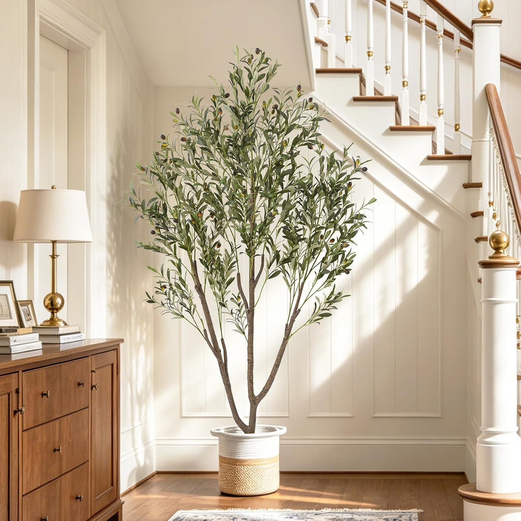 Olive Trees Artificial Indoor, 6FT Tall Faux Olive Tree with Planter & Basket, Artificial Plants with Natural Wood