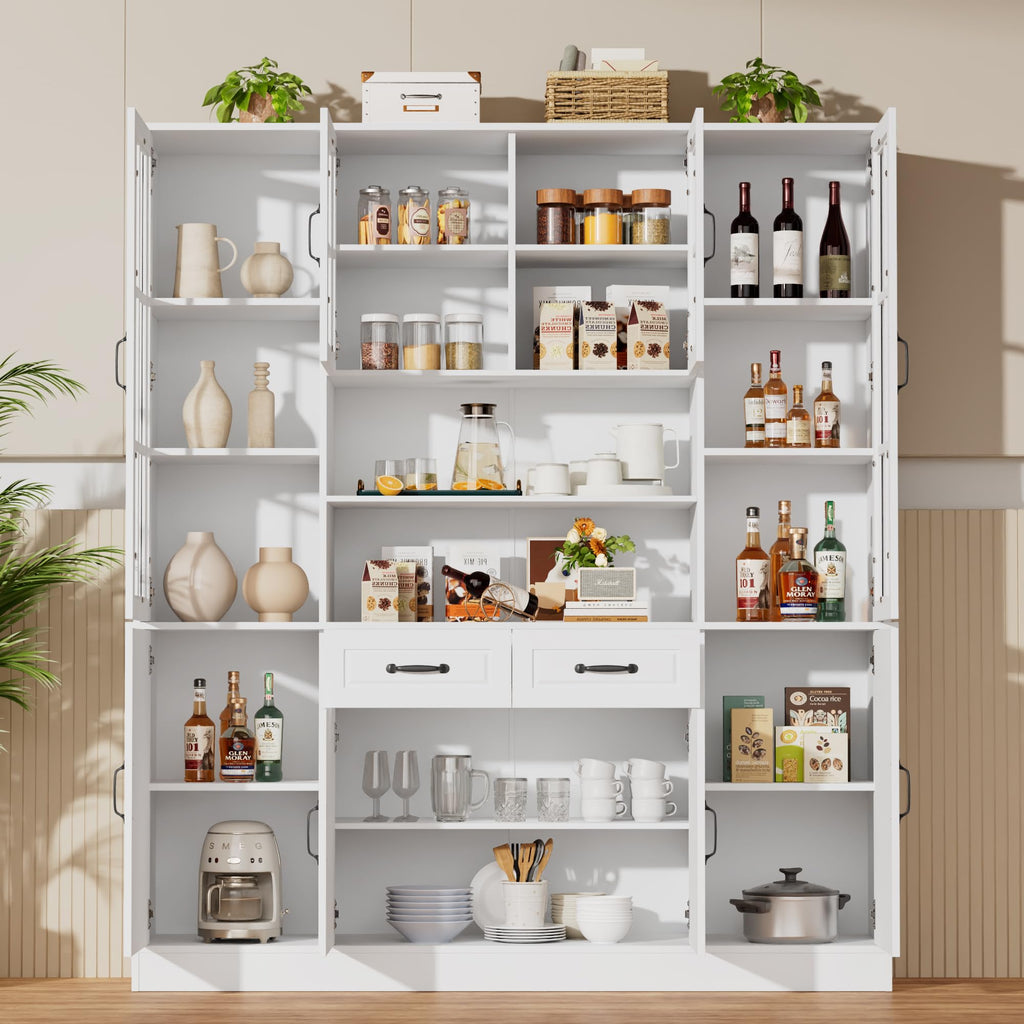 71" Tall Kitchen Pantry with Glass Doors, 63'' Wide Storage Cabinet with Drawers & Shelves, Large Kitchen Hutch China