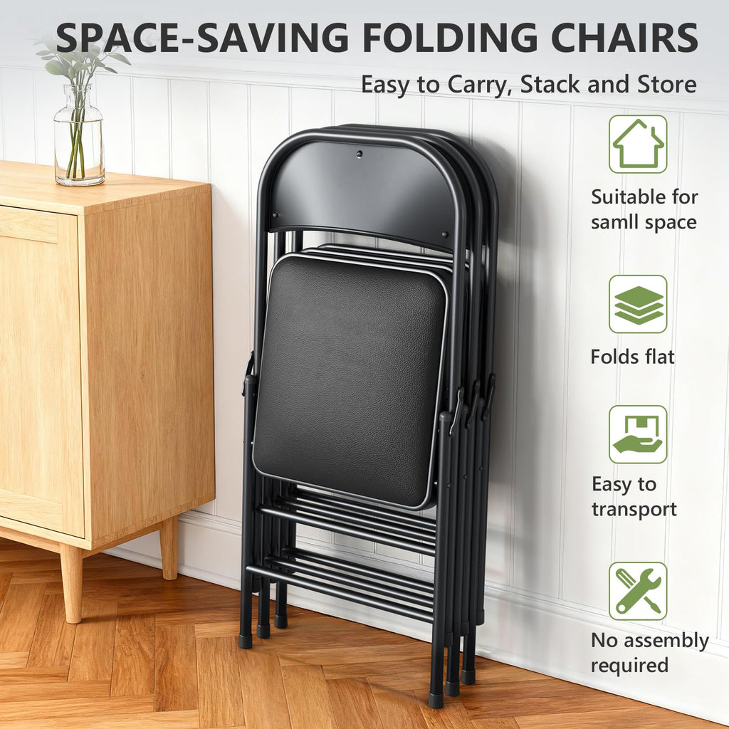 Padded Folding Chairs 6 Pack, PU Leather Folding Chairs for Outside and Indoor, Heavy Duty Portable Foldable Metal