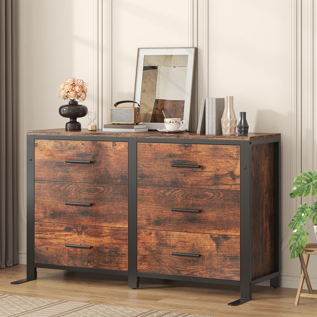 Rustic Brown Dresser, Wide Wood Dressers Furniture with 6 Wooden Drawer and Metal Frame, TV Stand with Deep Drawer