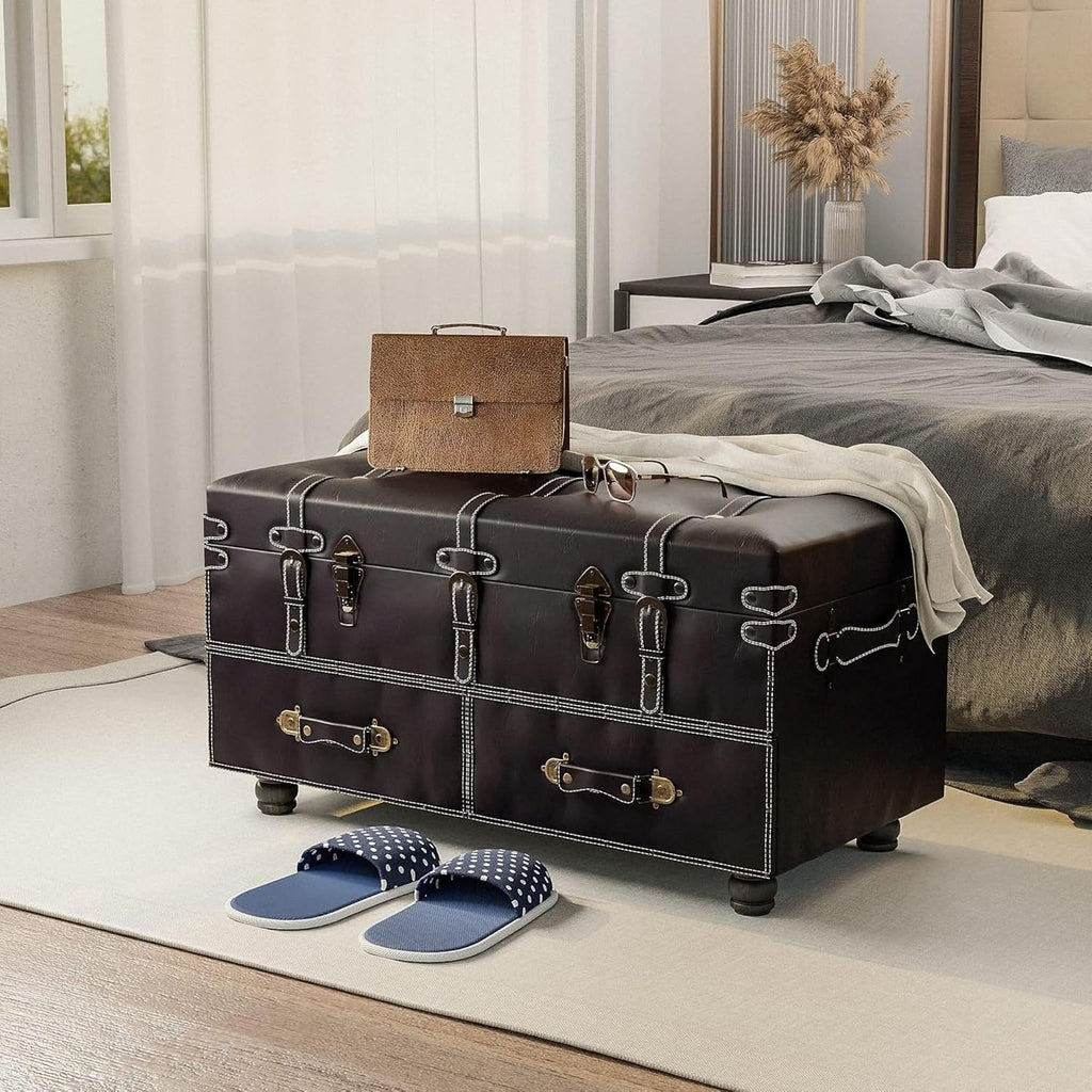 Vintage Storage Bench Upholstered Mid-Century Storage Ottoman Bed Bench Padded Storage Chest , Matte Black