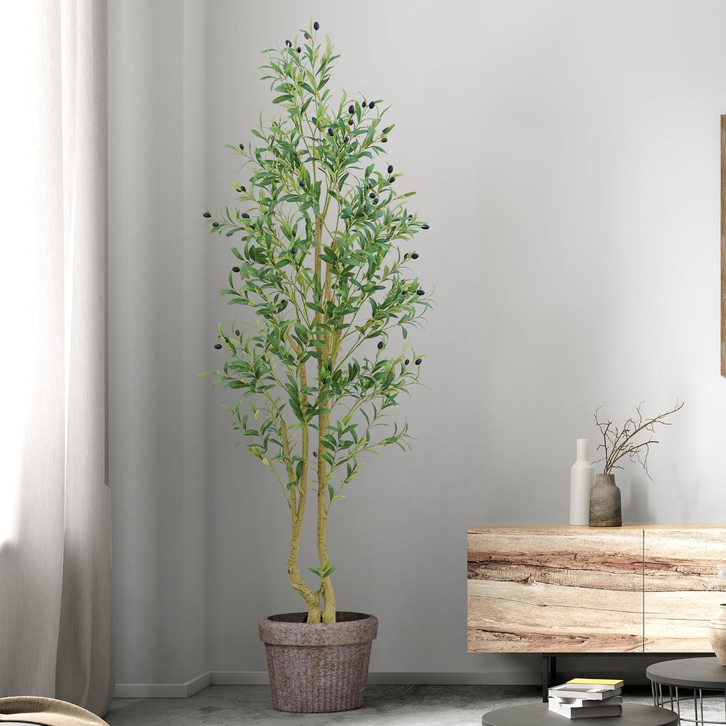 6ft Artificial Olive Tree Indoor, Fake Olive Tree with White Pot, Faux Olive Tree with Dense Leaves & Realistic