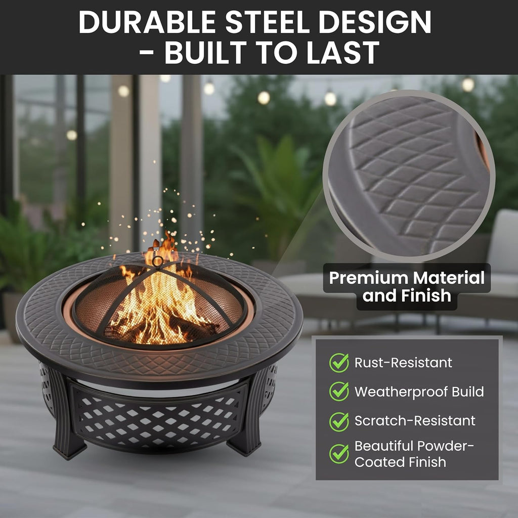 Fire Pit - 32-Inch Outdoor Fireplace with Spark Screen, Poker, and Cover - Wood-Burning Fire Pit