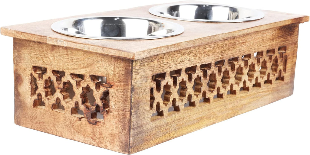 Wooden Elevated Pet Feeder Station with 2 Stainless Steel Bowls | Raised Dog & Cat Feeding Stand | Food & Water Bowl
