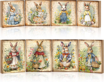 Vintage Easter Decorations Retro Bunny Egg Wooden Sign Easter Table Centerpiece Rustic Ornaments Tiered Tray - Set of 8