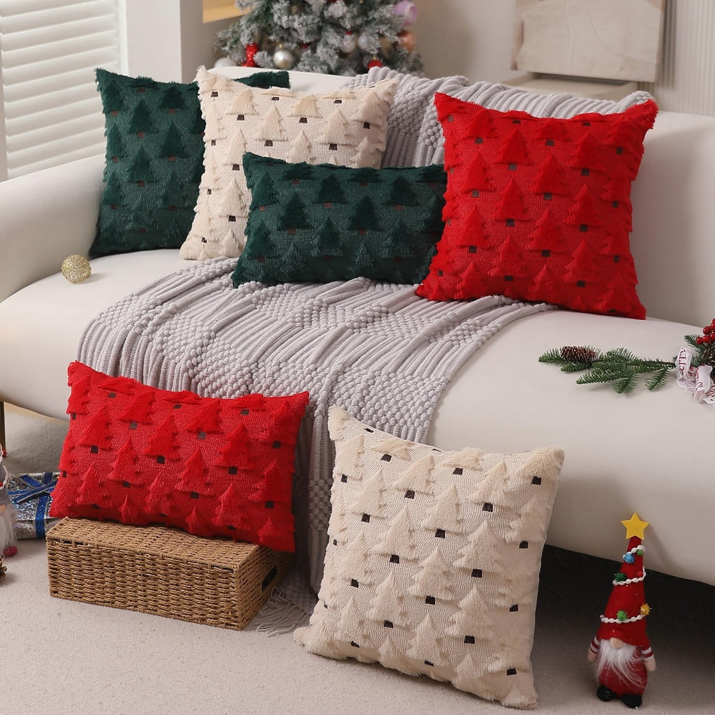 Christmas Pillow Covers 20x20 inch Christmas Decorations Soft Plush Faux Fur Wool Beige Christmas Tree Throw - Set of 2